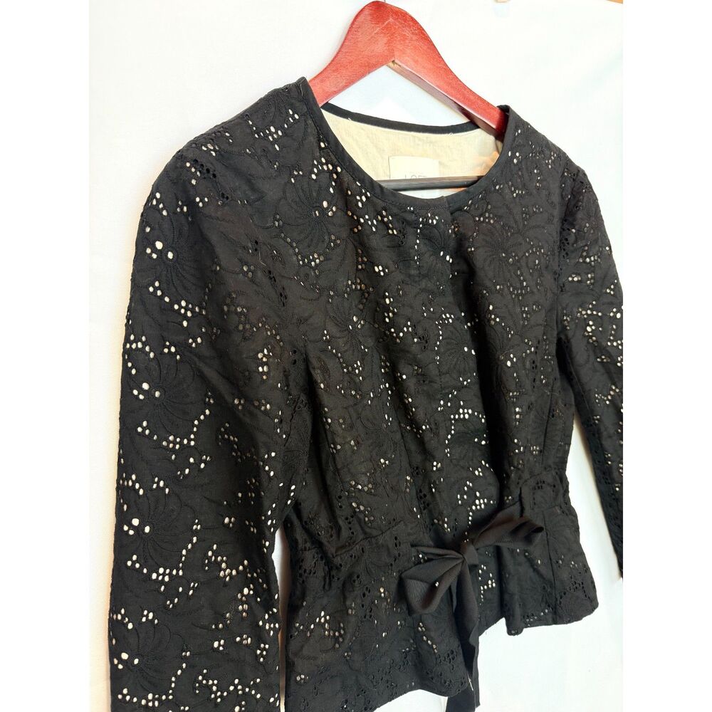 LOFT 8 NWOT Black Cotton Eyelet Ribbon Peplum Jacket Blazer Cottagecore Coquette
